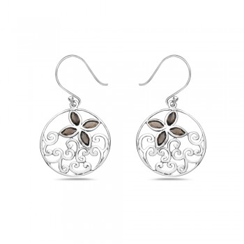 Sterling Silver Earring 22mm Round Open Filigree with 4 Smoky Quartz