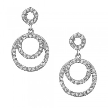 Sterling Silver Earring Open Circle Post Clear Cubic Zirconia+Double Circle Dangling