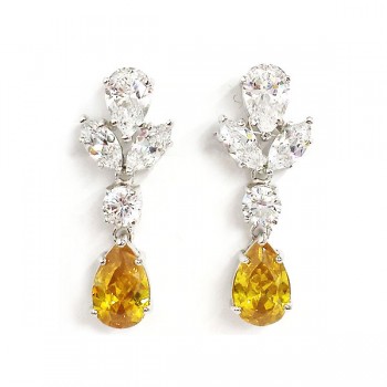 Sterling Silver Earring Yellow Tear Drop+ Clear Cubic Zirconia Marquis