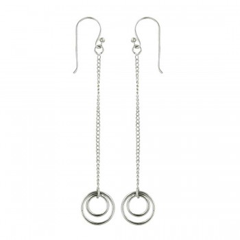 Sterling Silver Earring Two Circles Dangle on Chain with Rhodium