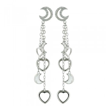 Sterling Silver Earring Moon Post with Clear Cubic Zirconia Dangle Hearts and Moons