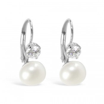 Sterling Silver Earring 8mm Fresh Water Pearl and Clear Cubic Zirconia on Leverback