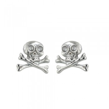 Sterling Silver Earring Skull with Crossbones Rhodium Plating Plated