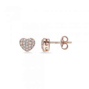 Sterling Silver EARRING ROSE GOLD PUFFY HEART STUD PAVED IN CLE