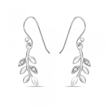 Sterling Silver Earring Braches with Leaves Dangle Clear Cubic Zirconia -Rhodium Plating-