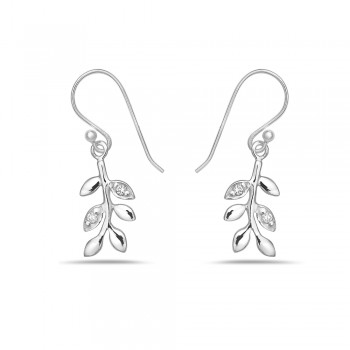 Sterling Silver Earring Braches with Leaves Dangle Clear Cubic Zirconia -E-Coat-