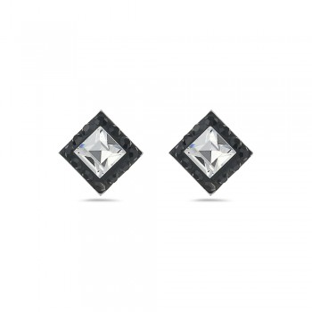 Sterling Silver Earring Square Stud with Black and Clear Cy