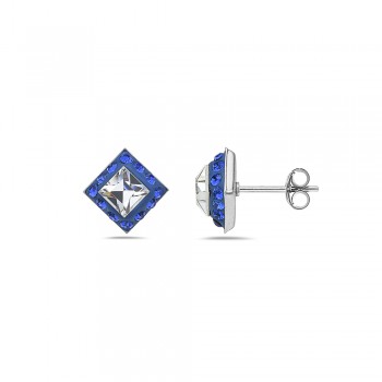 Sterling Silver Earring Square Stud with Sapphire and Clear Cy