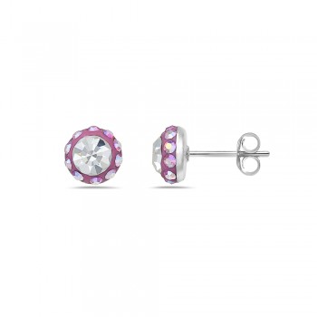 Sterling Silver Earring Round Stud with AB color Cyrstal Rose+Clear Cy