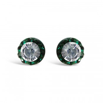 Sterling Silver Earring Round Stud with Emerald+Clear Cy