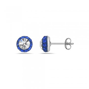 Sterling Silver Earring Round Stud with Sapphire+Clear Cy