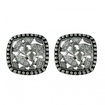 Sterling Silver Earring Open Square Stud Oxidized with Clear Cubic Zirconia