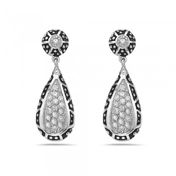 Sterling Silver Earring Teardrop Dome Dangle with Clear Cubic Zirconia
