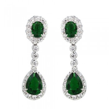 Sterling Silver Earring Oval+Teardrop Emerald Glass with Clear Cubic Zirconia