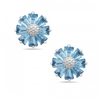 Sterling Silver Earring Baguette Flower Aqua Blue Glass