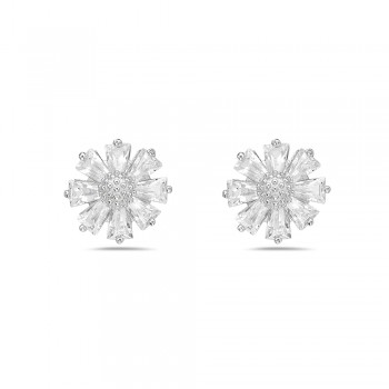 Sterling Silver Earring Baguette Flower Clear Cubic Zirconia