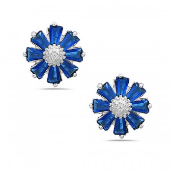 Sterling Silver Earring Baguette Flower Sapphire Glass