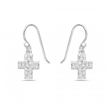 Sterling Silver Earring 11X9.5mm Plain Hammered Cross