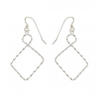 --Sterling Silver Earring Thin Twisted Circle+Daimond Shape