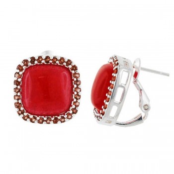 Sterling Silver Earring Red Jade Cushion with Garnet