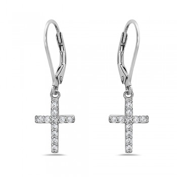 Sterling Silver Earring Clear Cubic Zirconia Cross on Leverback -Rhodium Plating-