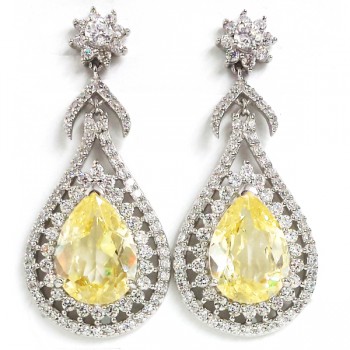 Sterling Silver Earring Canary Cubic Zirconia Tear Drop Clear Cubic Zirconia Around