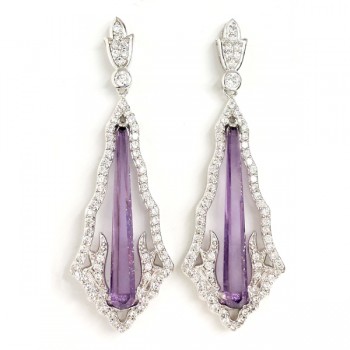Sterling Silver Earring Elongated Pear Purple with Clear Cubic Zirconia
