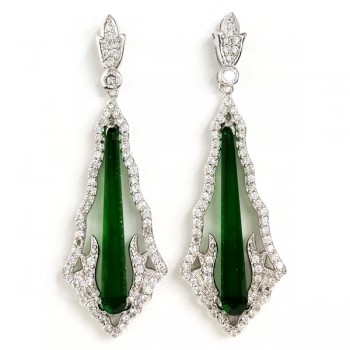 Sterling Silver Earring Elongated Pear Green Glass with Clear Cubic Zirconia