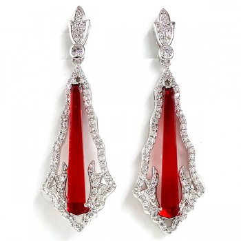 Sterling Silver Earring Elongated Pear Red Glass with Clear Cubic Zirconia