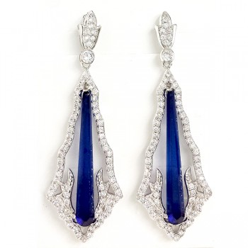 Sterling Silver Earring Elongated Pear Blue Glass with Clear Cubic Zirconia