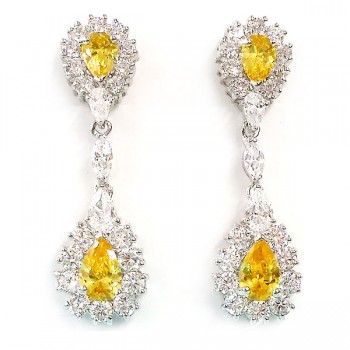 Sterling Silver Earring 2 Yellow Tear Drop with Clear Cubic Zirconia Around