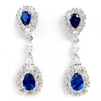 Sterling Silver Earring 2 Blue Rare Earth Tear Drop with Clear Cubic Zirconia Around