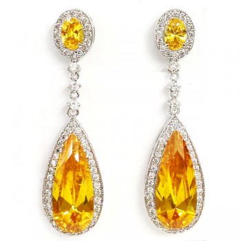 Sterling Silver Earring Yellow Long Tear Drop with Clear Cubic Zirconia