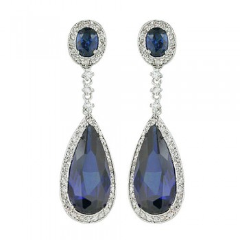 Sterling Silver Earring Blue Rare Earth Long Tear Drop with Clear Cubic Zirconia