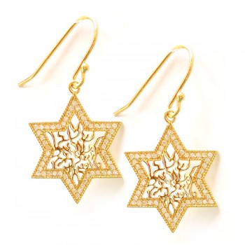 Sterling Silver Earring 16mm Star Shema with Clear Cubic Zirconia -Gold+Gold-