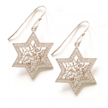 Sterling Silver Earring 16mm Star Shema with Clear Cubic Zirconia -Rh+Rh-