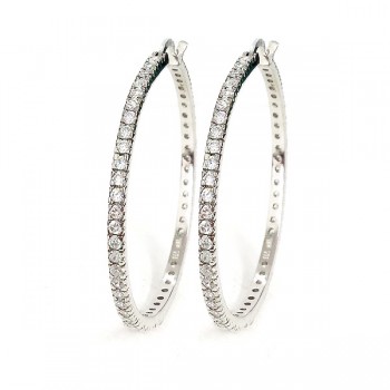 Sterling Silver Earring 45mm Hoop with Clear Cubic Zirconia All Around Outside
