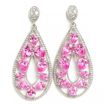 Sterling Silver Earring Open Tear Drop with Pink Cubic Zirconia T-Drops