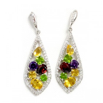 Sterling Silver Earring Multicolor-Color Cubic Zirconia in Rounded Kite Dangle