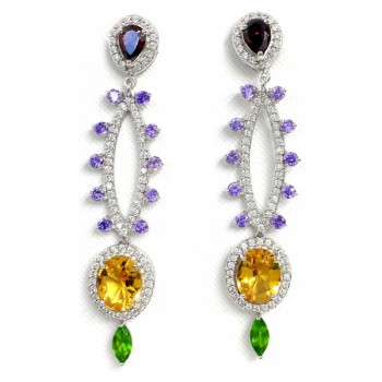 Sterling Silver Earring Tear Drop-Marquis-Oval with Multicolor Cubic Zirconia