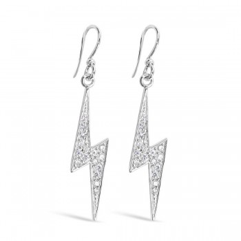 Sterling Silver Earring Thunder Bolt With Pave Clear Cubic Zirconia