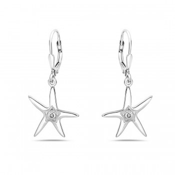 Sterling Silver Earring Starfish Danglne Clear Cubic Zirconia Leverback