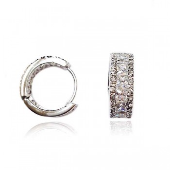 Sterling Silver Earring Clear Cubic Zirconia Baguette with Sm Clear Cubic Zirconia Ard Huggies