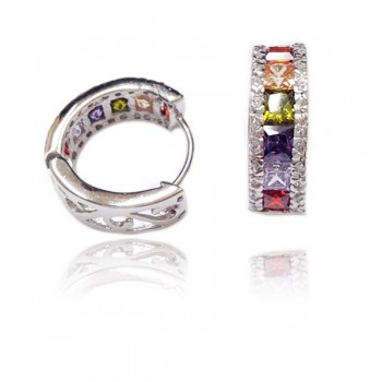 Sterling Silver Earring Garnet +Lv+A+Olivine+Champagne Baguette Sm Clear Cubic Zirconia Ad Huggies