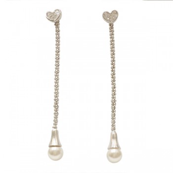 Sterling Silver Earring Clear Cubic Zirconia Heart Top with Danglin Rope Faux Pearl