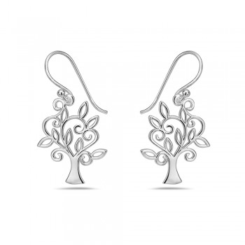 Sterling Silver Earring Open Plain Tree with Leaf Fish Wire