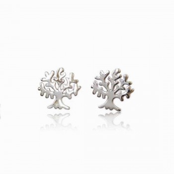 Sterling Silver Earrings Plain Tree of Life Stud -Rhodium Plating Plating