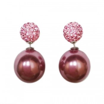 Sterling Silver Earring 10mm Pink Fireball with 15mm Brass Pearl Bac