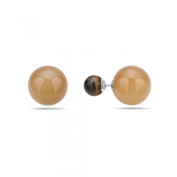 Sterling Silver Earring 8mm Tiger Eye with 15mm Brown Abs Ball Back