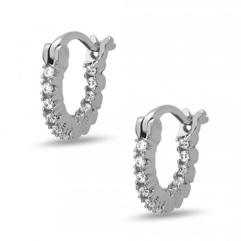 STERLING SILVER EARRING 6MM IN & OUT CLEAR CUBIC ZIRCONIA HOOP -LATCH